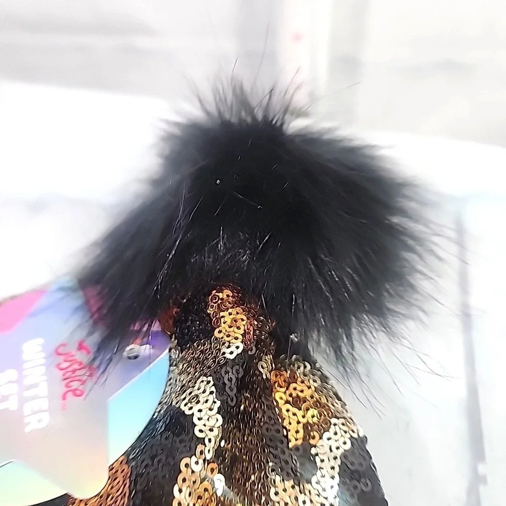 Justice Girls Cheetah BLK Sequin Ribbed Beanie w/faux fur & Gloves 2-Piece Set